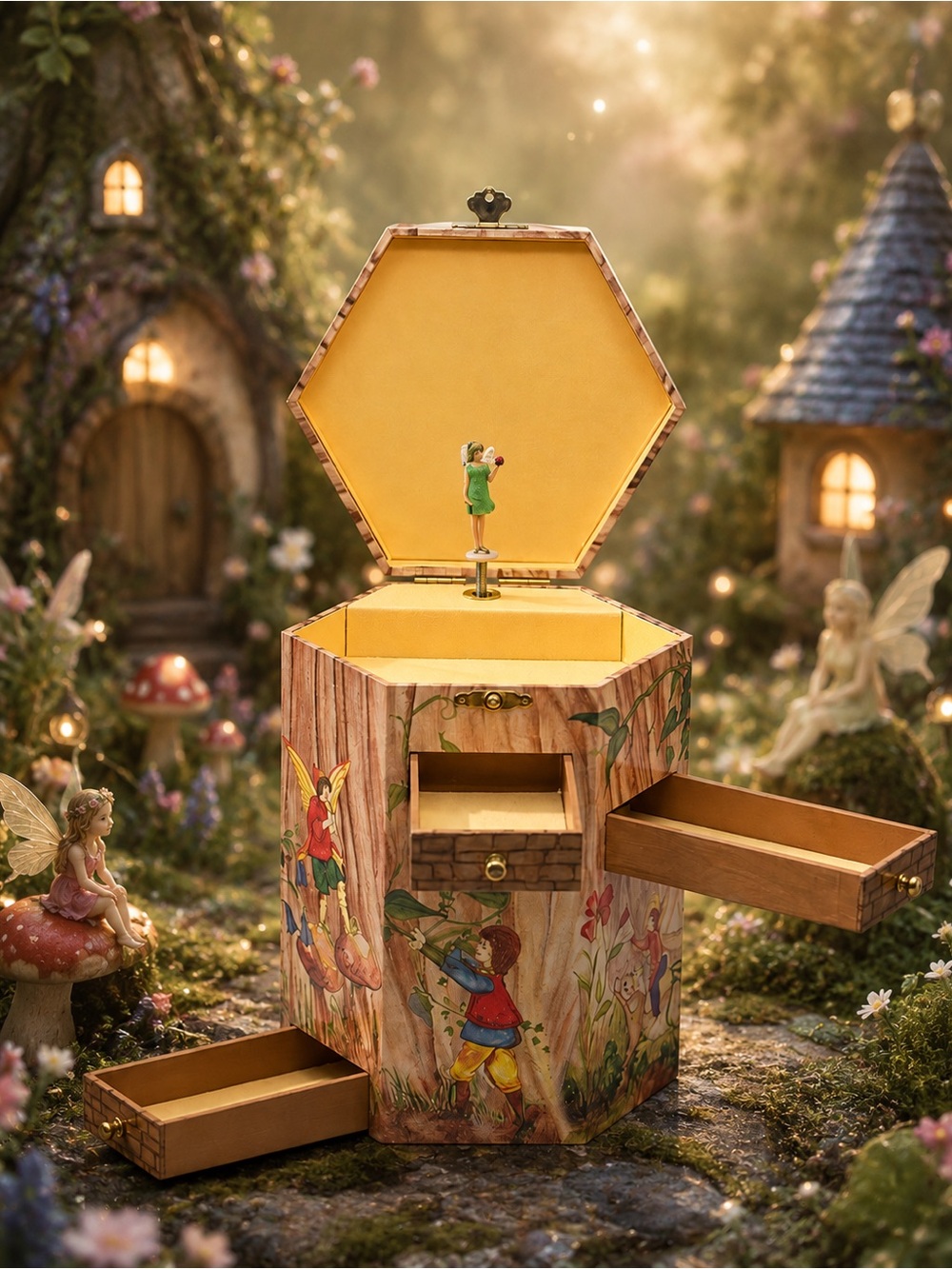 Vintage Fairy Tree Trunk Music Jewelry Box 6 Drawer Storage Wood Cottagecore